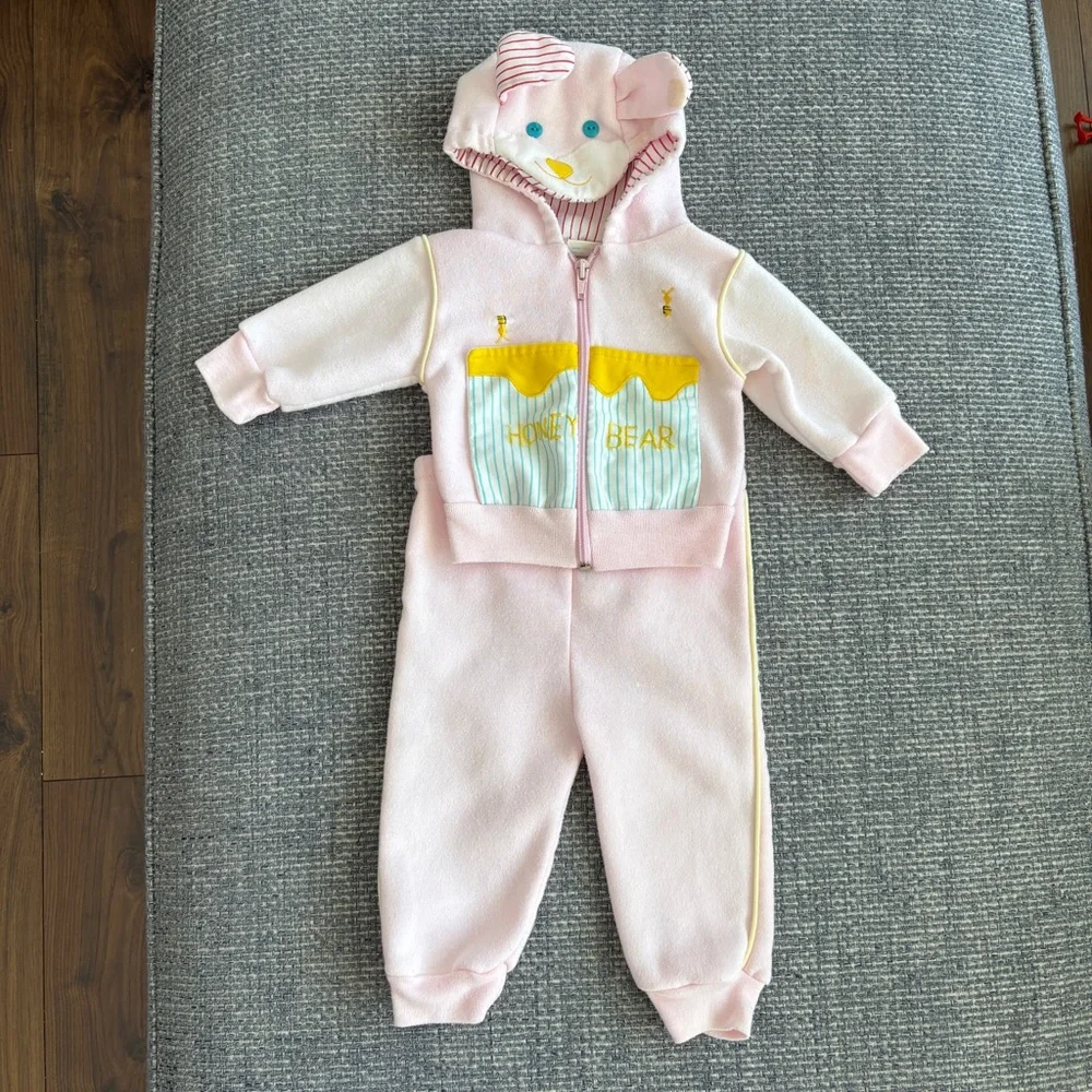 Vintage We Go Honeybear Hoodie Pants Set Pink Yellow 18 Months 1980s Baby Outfit